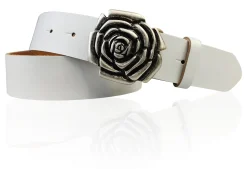 ROSE Damen Ledergürtel Motivschnalle Rosenblüte altsilberne Gürtelschnalle 4 cm