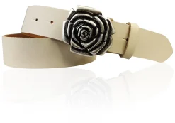 ROSE Damen Ledergürtel Motivschnalle Rosenblüte altsilberne Gürtelschnalle 4 cm