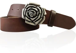 ROSE Damen Ledergürtel Motivschnalle Rosenblüte altsilberne Gürtelschnalle 4 cm