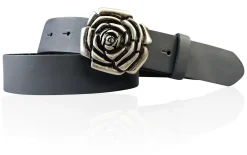 ROSE Damen Ledergürtel Motivschnalle Rosenblüte altsilberne Gürtelschnalle 4 cm