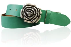 ROSE Damen Ledergürtel Motivschnalle Rosenblüte altsilberne Gürtelschnalle 4 cm