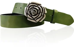 ROSE Damen Ledergürtel Motivschnalle Rosenblüte altsilberne Gürtelschnalle 4 cm
