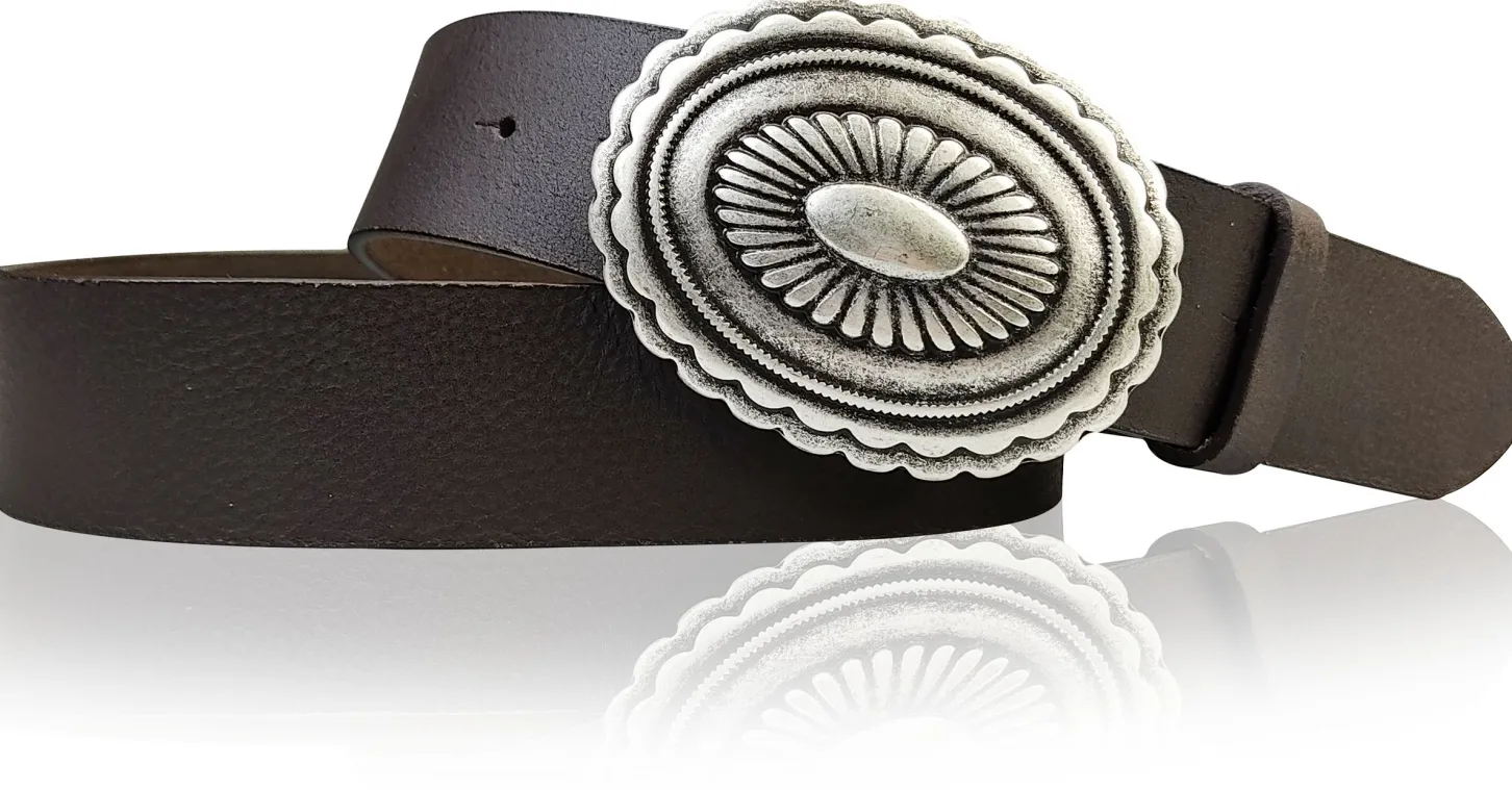 SAN FRANCISCO: 4 cm Ledergürtel mit ovaler Ethno-Gürtelschnalle altsilbern, Hippie-Look