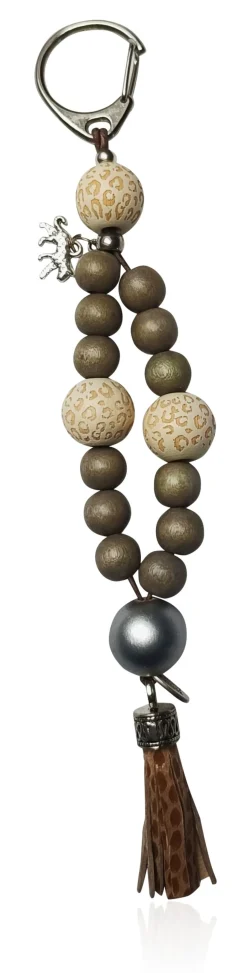Schlüsselanhänger aus Holzperlen, Animal Print, Anhänger Leopard, Lederquaste