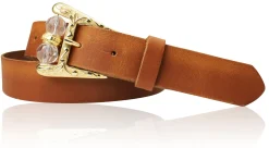SOFIA Damen Ledergürtel mit verzierter Gürtelschnalle und Perlen in gold, 3 cm