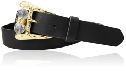 SOFIA Damen Ledergürtel mit verzierter Gürtelschnalle und Perlen in gold, 3 cm