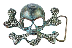 Totenkopf Gürtelschnalle in altsilber/türkis mit Strasssteinen für 4 cm Gürtelriemen