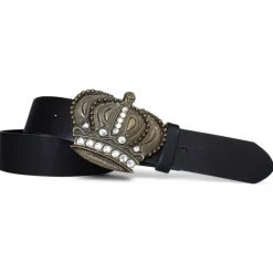 Trachtengürtel für Damen 4 cm, echt Leder, große Krone messingfarben, Strass