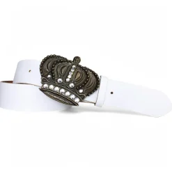 Trachtengürtel für Damen 4 cm, echt Leder, große Krone messingfarben, Strass