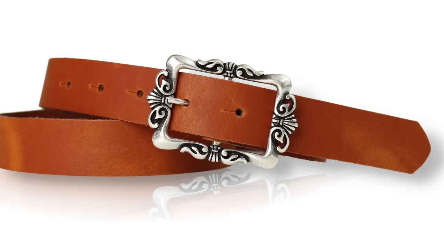 VALENCE: Ledergürtel 3 cm mit Blumen Gürtelschnalle, florale Gürtelschnalle, echt Leder