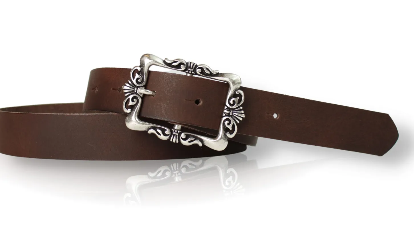 VALENCE: Ledergürtel 3 cm mit Blumen Gürtelschnalle, florale Gürtelschnalle, echt Leder