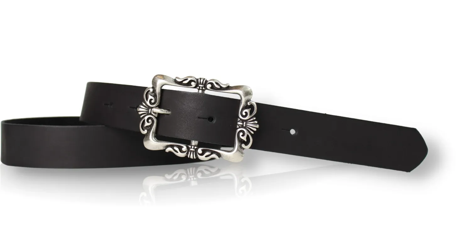 VALENCE: Ledergürtel 3 cm mit Blumen Gürtelschnalle, florale Gürtelschnalle, echt Leder