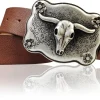 WYOMING: Westerngürtel 4 cm mit großer Longhorn Buckle Büffelkopf Gürtelschnalle, echtes Leder