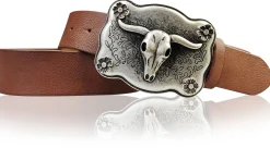 WYOMING: Westerngürtel 4 cm mit großer Longhorn Buckle Büffelkopf Gürtelschnalle, echtes Leder