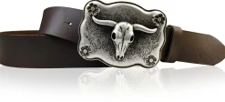 WYOMING: Westerngürtel 4 cm mit großer Longhorn Buckle Büffelkopf Gürtelschnalle, echtes Leder
