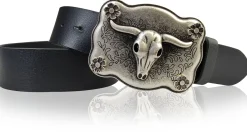 WYOMING: Westerngürtel 4 cm mit großer Longhorn Buckle Büffelkopf Gürtelschnalle, echtes Leder